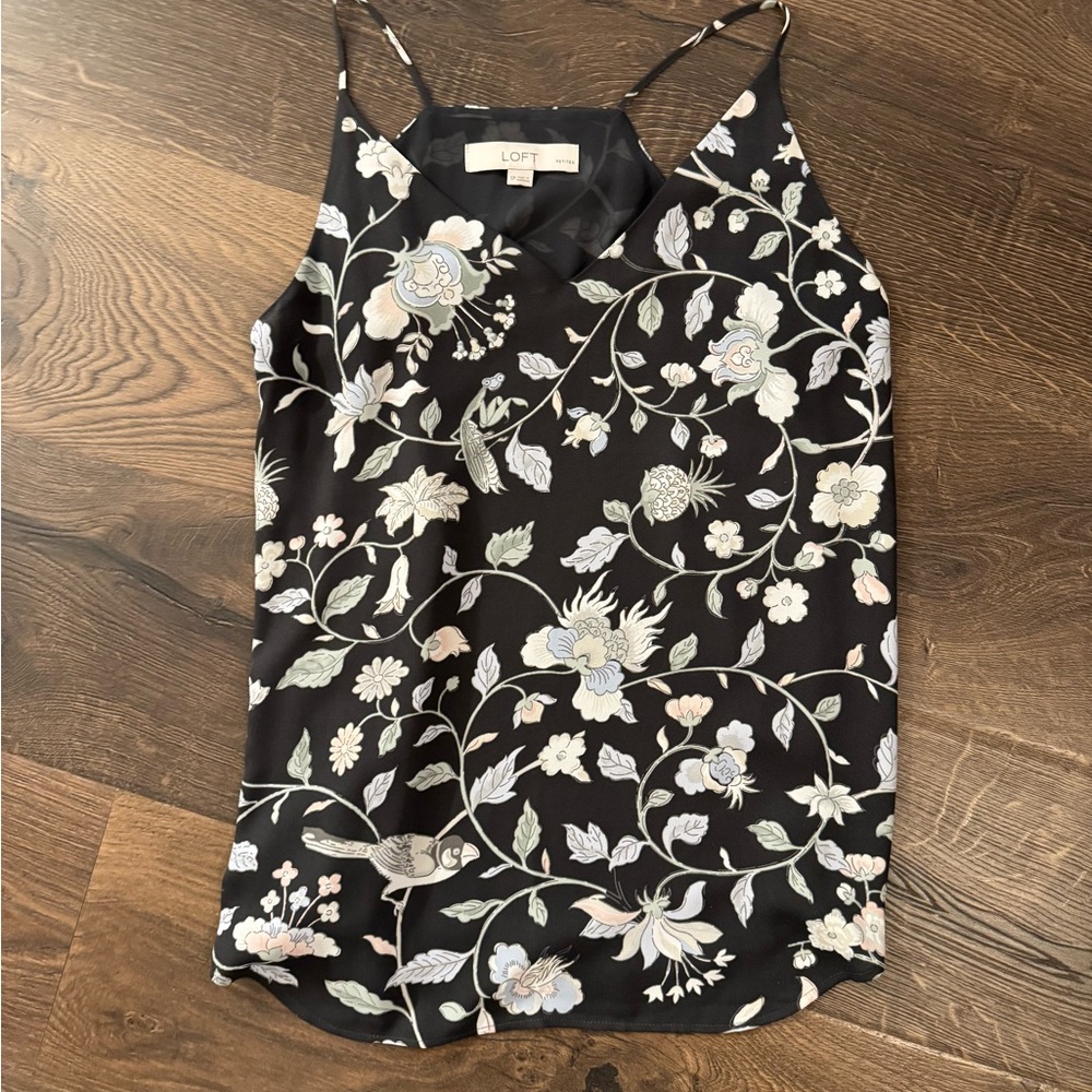 LOFT Black Floral V-Neck Camisole with Pale Blue and Cream Blooms